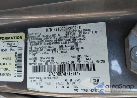 2014 Ford Fusion Se из США, поврежденный, VIN 3FA6P0H74ER151475